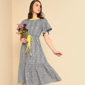 Printed Drawstring Waist Notched Neck Dress
